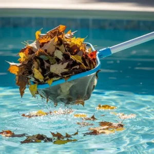 A handheld pool skimmer net scooping a large clump of fallen leaves from the water's surface.