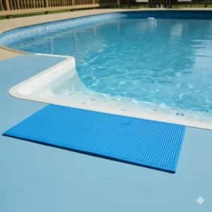 Image of a larger pool step mat placed under wide in-pool steps for secure footing and liner safety.