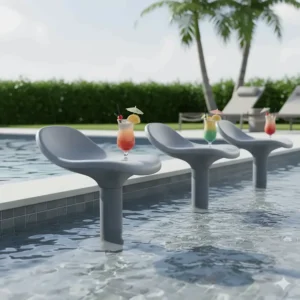 Stylish pool stools placed on a shallow sun shelf or tanning ledge, perfect for relaxing and enjoying a drink while in the water.