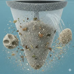 The mesh filter bag of a pool vacuum, highlighting how it traps fine sand and other debris common in Pebble Tec pools without clogging.