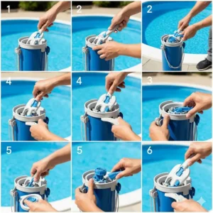A step-by-step guide illustrating how to perform basic maintenance on a pool vacuum to ensure it performs optimally in an above-ground pool.