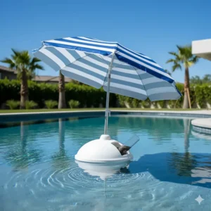 A light-weight, portable in pool umbrella with a sand-weighted base sitting in the shallow end of a pool.