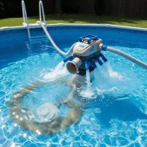 A pressure-side pool vacuum shown with its powerful water jets, which help dislodge and collect dirt in an above-ground pool.