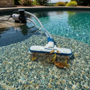 A pressure-side pool vacuum for Pebble Tec pools, using a dedicated booster pump to efficiently collect dirt and leaves from the pool floor.