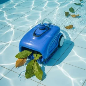 An automatic pressure-side pool cleaner effortlessly picking up large, wet leaves from a pool floor.