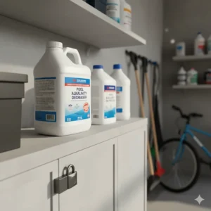 A properly labeled and sealed container of pool alkalinity decreaser stored in a cool, dry place away from other chemicals and children.