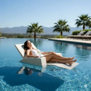 A detailed image of a luxurious reclining floating chair with built-in armrests and adjustable back support.