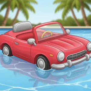 Close-up of a vibrant red inflatable car float, showing realistic details like a steering wheel and side mirrors.