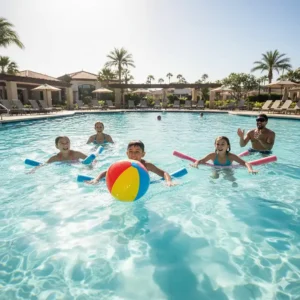 A fun illustration of a team relay race in the pool, where swimmers navigate using a pool noodle or balancing a beach ball—a challenging swimming pool game variation.
