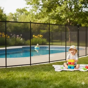 Toddler playing safely away from the pool, with a strong **removable mesh pool fence** acting as a physical barrier for child safety.