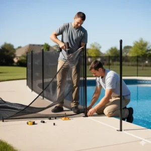 Professional installation of a removable mesh pool fence onto a concrete deck, emphasizing ease of setup.