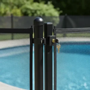 Self-closing, key-lockable gate section in a **removable pool fence**, highlighting the secure, child-proof latching system for pool entry.