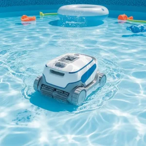 A small, autonomous robotic pool cleaner navigating the floor of an above ground pool, showcasing its cordless and hands-free operation.