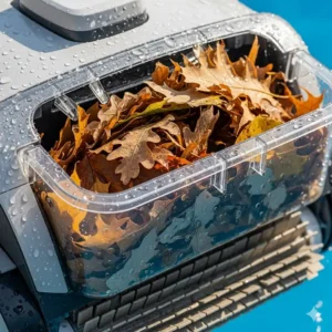 A close-up shot of a robotic pool cleaner's large basket filled with collected leaves, showcasing its effectiveness.