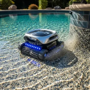 A high-end robotic pool cleaner navigating the unique, uneven surface of a Pebble Tec pool, capturing debris effectively.