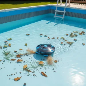 A small, autonomous robotic pool vacuum shown cleaning debris from the floor of an above-ground swimming pool.
