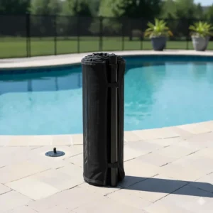 A fully rolled-up section of a removable mesh pool fence being stored, illustrating its portability and temporary nature.