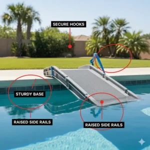 An illustration highlighting key safety features of a doggie pool ramp, such as secure hooks, a stable base, and side rails for added security.
