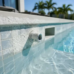 An image of calcium scale buildup on pool surfaces and equipment, a direct result of unbalanced pool alkalinity and pH levels.
