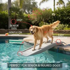 An illustration of a senior dog with joint issues comfortably using a doggie ramp to exit a pool, emphasizing its use for dogs with mobility challenges.