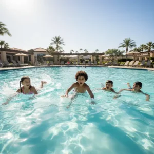 Action shot of kids swimming quickly across the pool, participating in the exhilarating swimming pool game Sharks and Minnows.