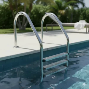 An illustration of a high-quality, stainless steel pool ladder, emphasizing its durable construction and resistance to rust and corrosion in chlorinated water environments.