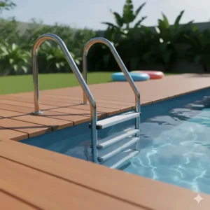 An illustration of a step-in pool ladder with large, comfortable treads, demonstrating easy and gentle access into the swimming pool, perfect for all ages.