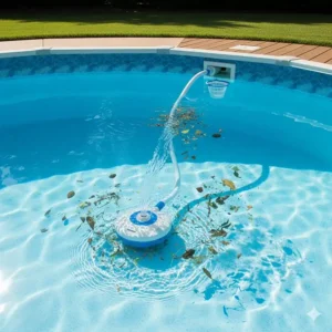 A suction-side pool cleaner attached to the skimmer, demonstrating how it uses the pool's pump to clean debris from an above ground pool.