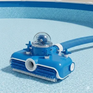 A suction-side pool cleaner head attached to a hose, designed for efficient cleaning of an above-ground pool vacuum.