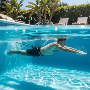 A stretch cord swim tether and belt, offering stationary resistance for an effective pool workout.