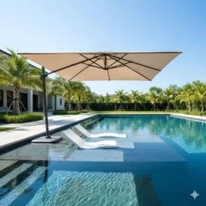 Tanning ledge in a backyard swimming pool with a set of loungers shaded by a wide, rectangular in pool umbrella.