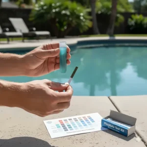 A person using a test kit to measure the high phosphate levels in their swimming pool water. This is the first step before applying a pool phosphate remover.