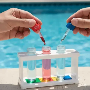 A person using a liquid test kit to measure the total alkalinity of their pool water, an essential step before adding any alkalinity decreaser.