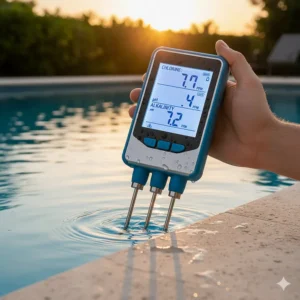 A person holding a handheld digital pool water tester, dipping it into a swimming pool to collect a water sample.