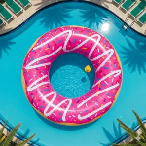 An aerial view of a round, pink donut inflatable pool with a brown "frosting" top and colorful sprinkles, showcasing its unique and playful design from above.