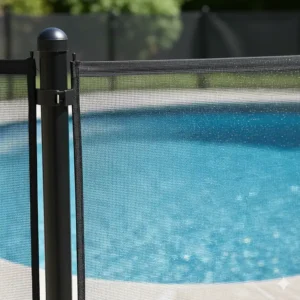 Close-up of transparent polyester mesh and aluminum pole, showing the unclimbable and clear-view design of a **removable pool fence**.