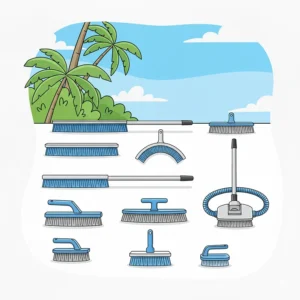 An assortment of various pool brushes for cleaning, including different sizes, shapes, and bristle types to suit specific pool maintenance needs.