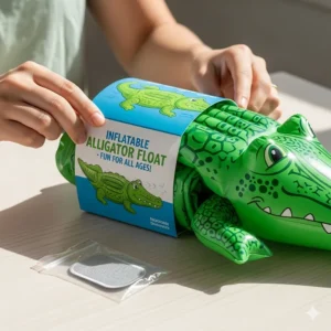 A person unboxing a new inflatable alligator pool float, showing the compact packaging and included repair patch.