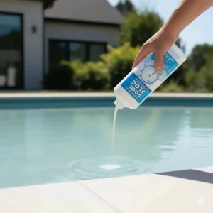 A homeowner carefully pouring a dose of flocculant into their cloudy swimming pool to clear the water.