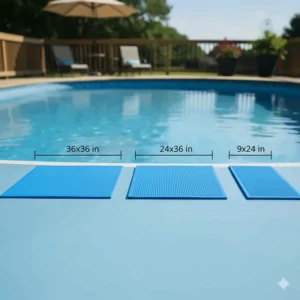 Comparison of protective pool ladder mats in various sizes (e.g., 9x24, 36x36 inches) for different ladder types.