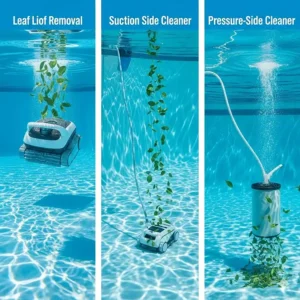 A visual comparison of different types of pool cleaners including robotic, suction, and pressure models, used for leaf removal.