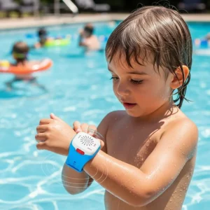 A child wearing a wearable pool alarm wristband, which sounds an alarm if submerged in water.