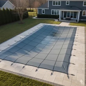 An aerial view of a rectangular pool safely closed for the season with a custom-fit gray mesh pool cover for winter protection.