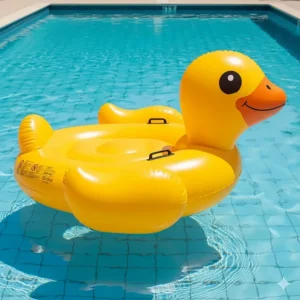 A side view of a bright yellow duck pool float, highlighting its classic design and large size.