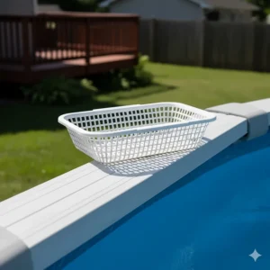 Specialized plastic pool skimmer basket replacement designed for the unique dimensions of an above-ground pool skimmer unit.