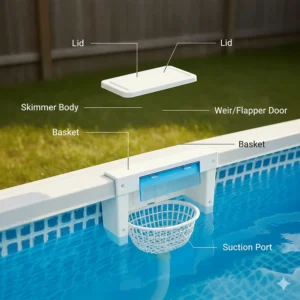Labeled diagram showing the key components of a standard above ground pool skimmer: lid, basket, weir, and suction port.