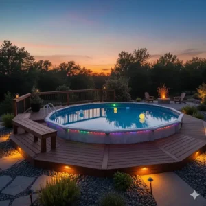 Outdoor spotlights strategically placed in the landscaping to illuminate the steps and area around the above ground pool for nighttime safety lights.