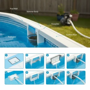 Step-by-step diagram illustrating the process of installing an above ground pool skimmer and connecting the suction line.