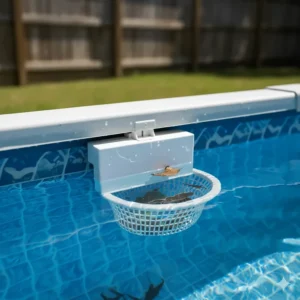 Diagram of an above ground pool skimmer weir (flapper door) regulating water flow and trapping debris in the basket.