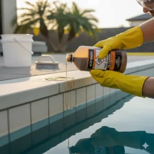 An illustration of an acidic pool tile scum remover being used, highlighting the necessary safety gear.